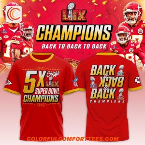 Kansas City Chiefs 5X Back to Back to Back Super Bowl LIX Champions Red T-Shirt