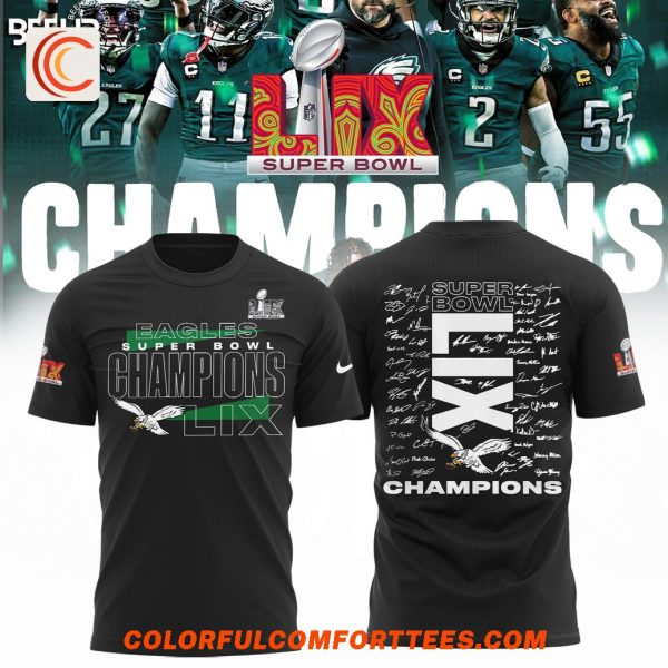 Philadelphia Eagles Super Bowl LIX Champions Team Signature Black T-Shirt