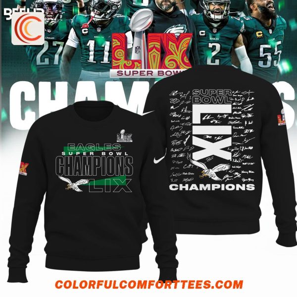 Philadelphia Eagles Super Bowl LIX Champions Team Signature Black T-Shirt