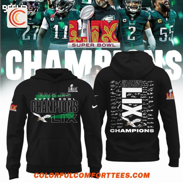 Philadelphia Eagles Super Bowl LIX Champions Team Signature Black T-Shirt