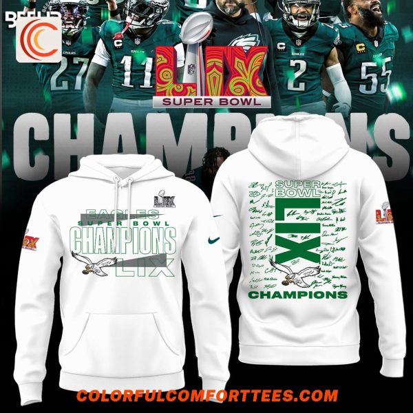 Philadelphia Eagles Super Bowl LIX Champions Team Signature White Hoodie