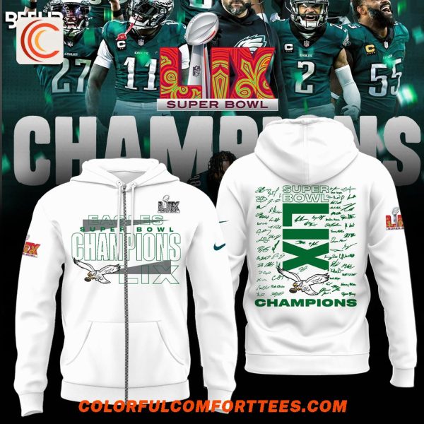 Philadelphia Eagles Super Bowl LIX Champions Team Signature White Hoodie